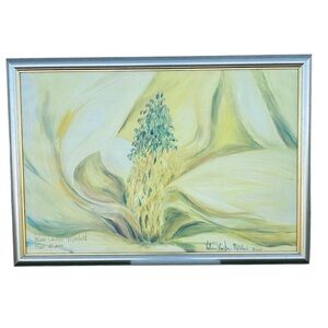 Framed Yellow And Green Floral Oil Painting On Canvas Signed By Artist